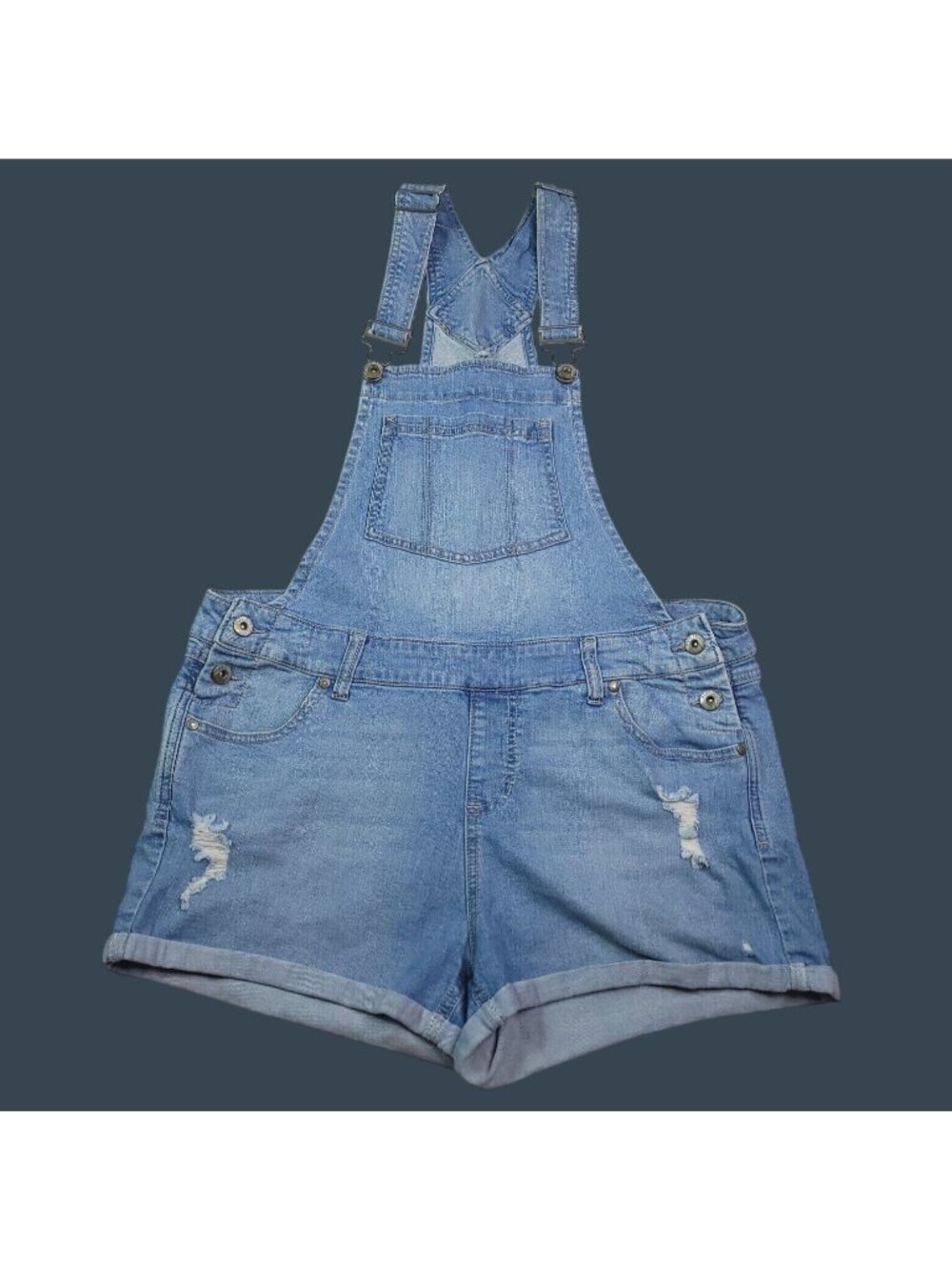 Blue Spice Womens Distressed Denim Overall Shorts 15 Front & Back Pockets